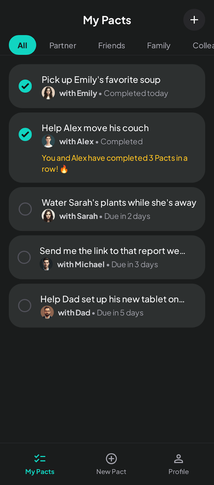 Pact list screen showing active and completed pacts